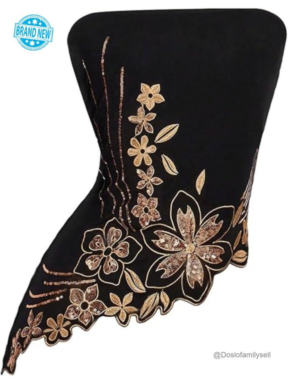 Sparkly Sequin Strapless Tube Top Floral Embroidered Asymmetrical Bandeau